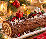 Bûche de Noël au chocolat décorée de 3 piques cadeaux métallisés rouge, or et argent – Décoration gâteau de Noël Dekora