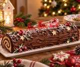 Décor Père Noël traîneau et rennes sur une bûche de Noël