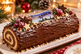 Décor comestible Joyeuses Fêtes en azyme sur une bûche de Noël au chocolat