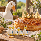 Fèves oies en céramique pour galette des rois, quatre modèles assortis devant une galette dorée avec couronne et une oie blanche en arrière-plan. 🪿💕