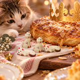 Fèves chats en porcelaine pour galette des rois, présentées avec une galette dorée et un vrai chat curieux