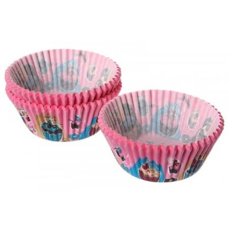 25 caissettes roses avec des motifs de cupcakes