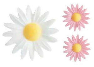 Marguerites en azyme pour décoration de gâteau. Vendues par 10, roses et blanches.