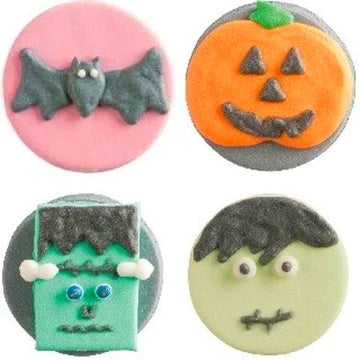 4 décors en sucre pour Halloween : chauve souris, zombie, frankenstein et citrouille