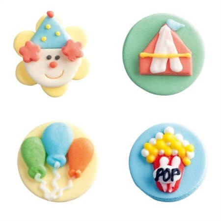4 décorations en sucre motifs cirque : clown, chapiteau, popcorn et ballons