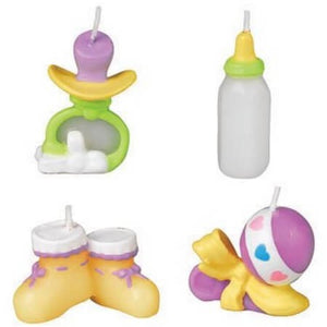 4 bougies accessoires de bébé : biberon, tétine, chaussons et hochet