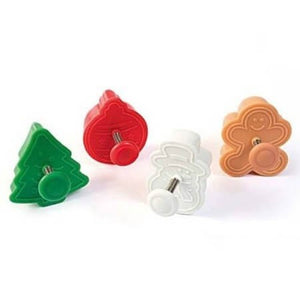4 emporte pièces à piston qui font tampon également sur le thème de l'hiver : sapin, boule de Noël, bonhomme de neige et bonhomme pain d'épices