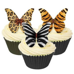 12 papillons en azyme pour décorer vos cupcakes. Motifs léopard, zèbre et tigre.