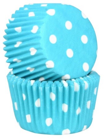 50 caissettes à cupcakes blanc à pois bleus
