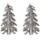 Deux sapins argentés sur pique de 8 cm pour décorer une bûche de Noël